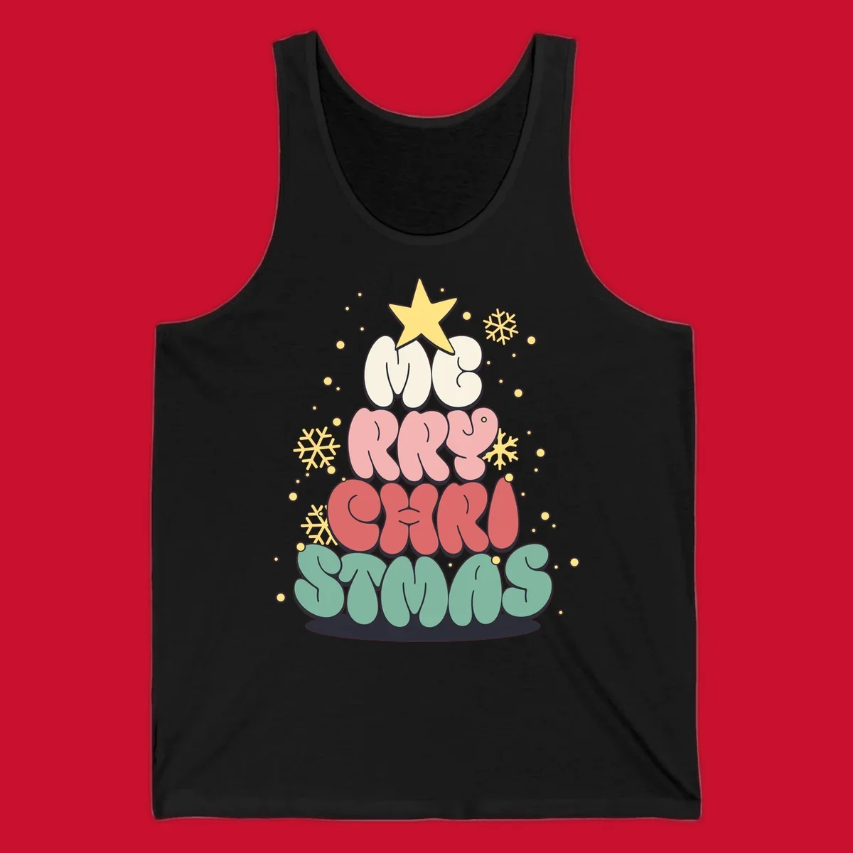 Retro bubble letter Christmas tree with snowflakes and star, text reads Merry Christmas.