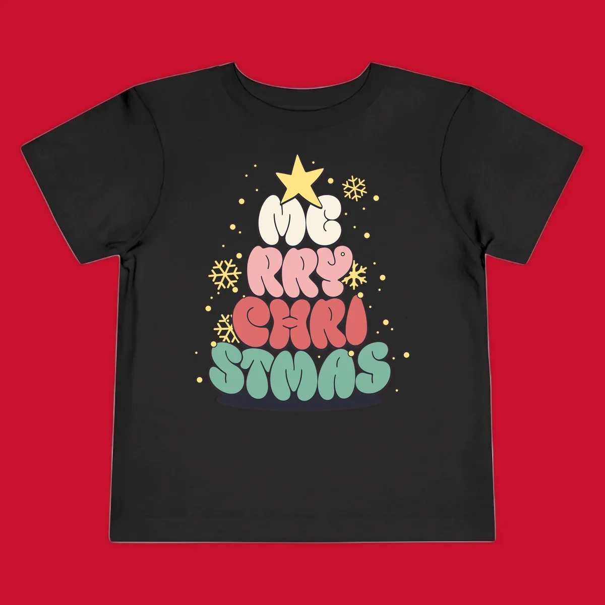 Retro bubble letter Christmas tree with snowflakes and star, text reads Merry Christmas.