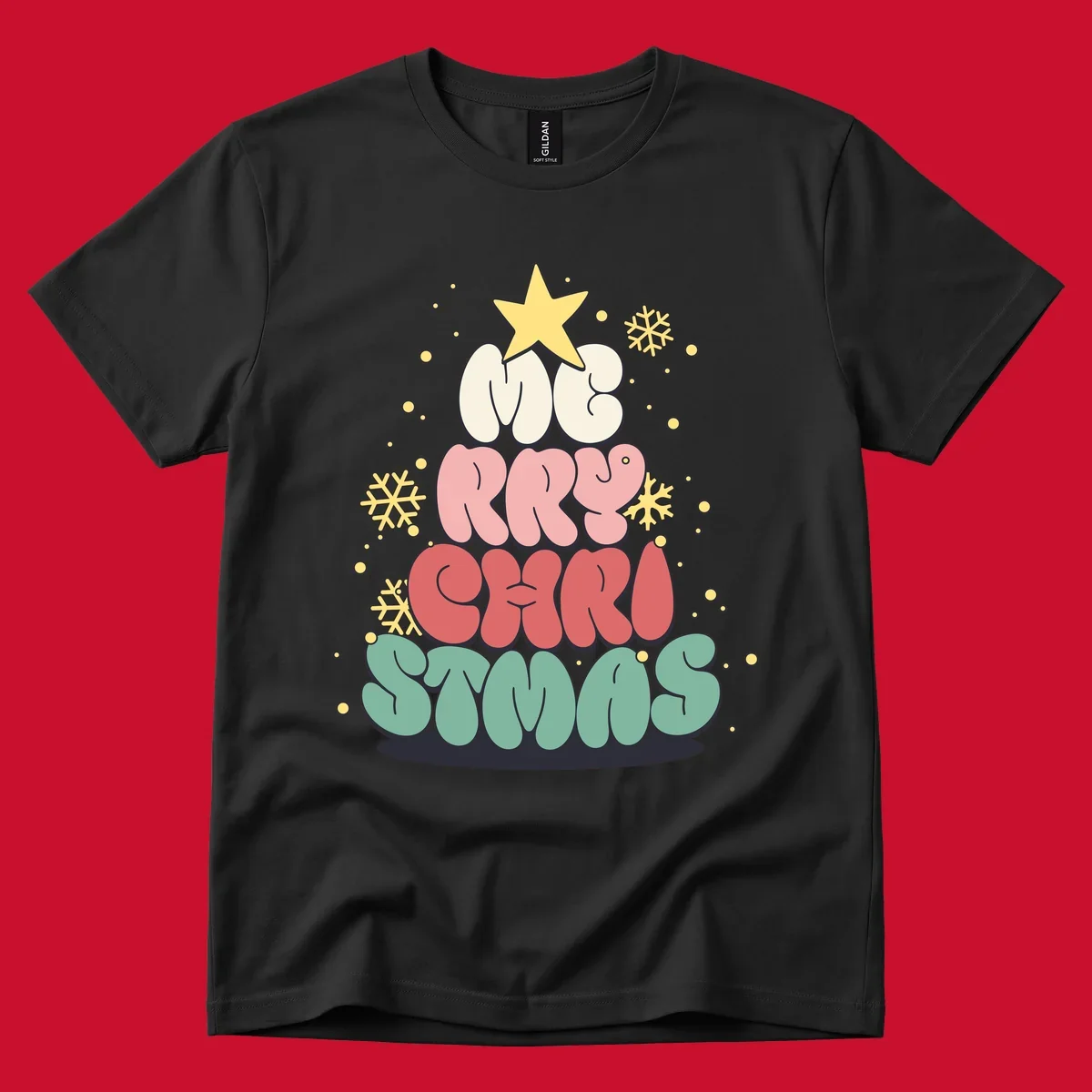 Retro bubble letter Christmas tree with snowflakes and star, text reads Merry Christmas.