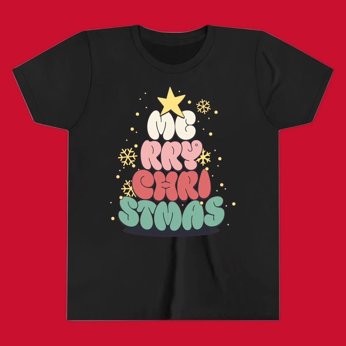 Retro bubble letter Christmas tree with snowflakes and star, text reads Merry Christmas.