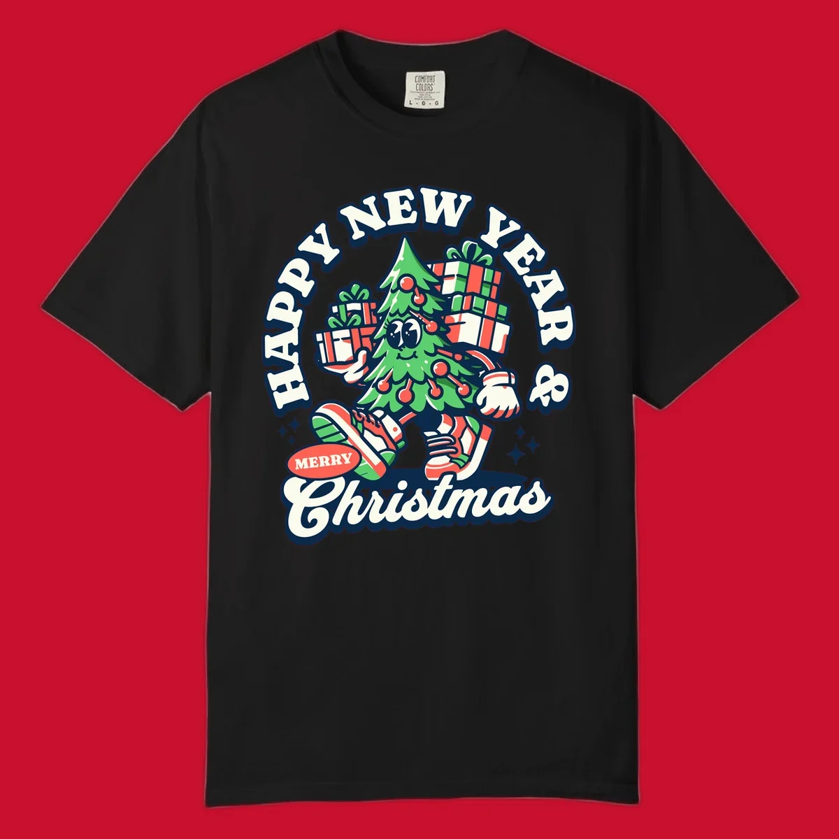 Christmas tree character with gifts and text saying Happy New Year & Merry Christmas.