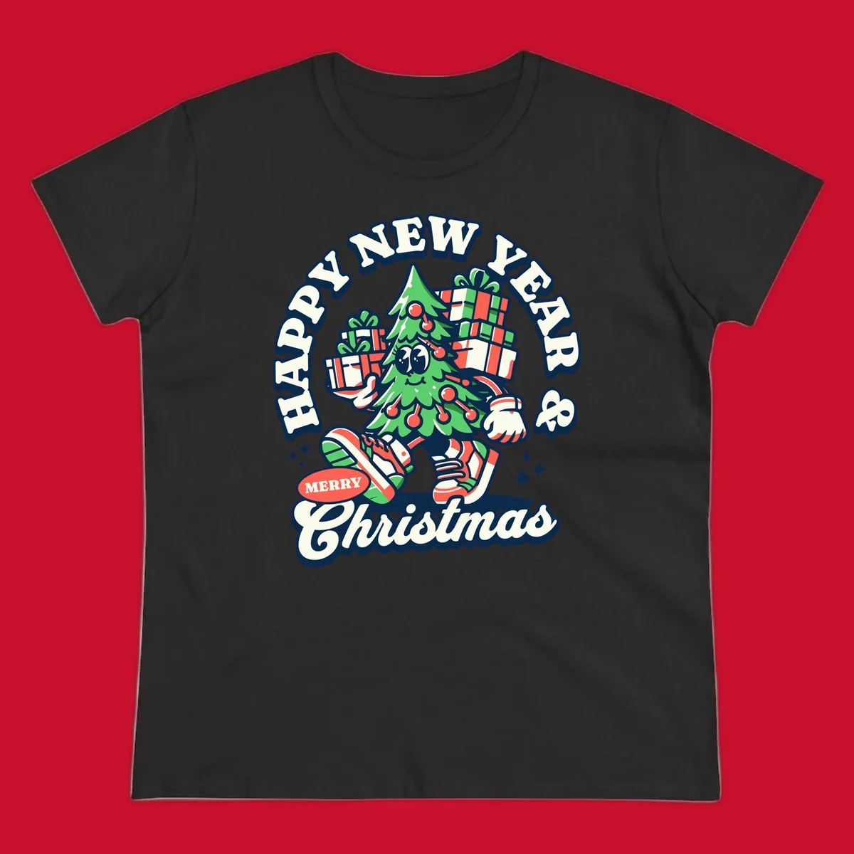 Christmas tree character with gifts and text saying Happy New Year & Merry Christmas.