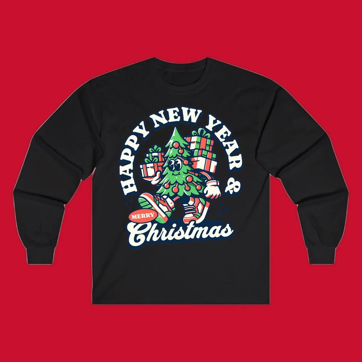 Christmas tree character with gifts and text saying Happy New Year & Merry Christmas.