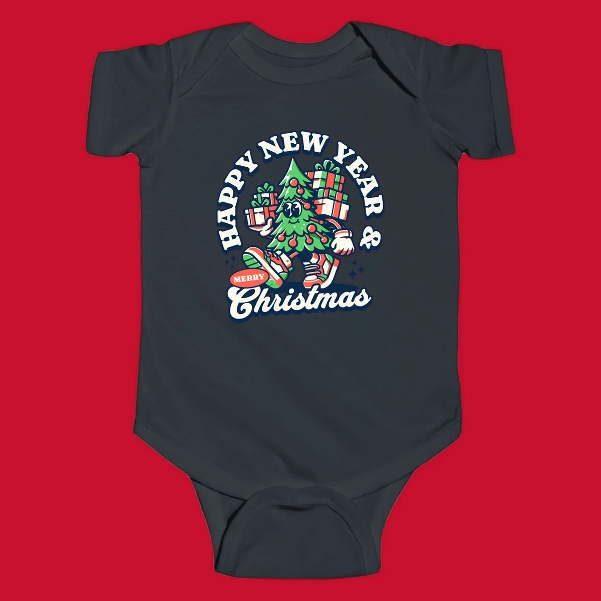 Christmas tree character with gifts and text saying Happy New Year & Merry Christmas.