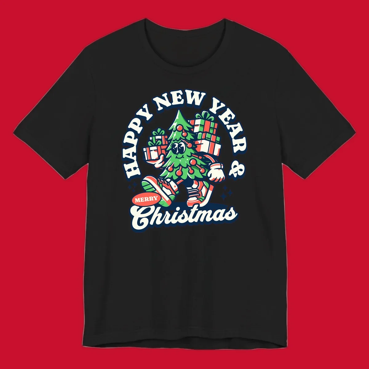 Christmas tree character with gifts and text saying Happy New Year & Merry Christmas.