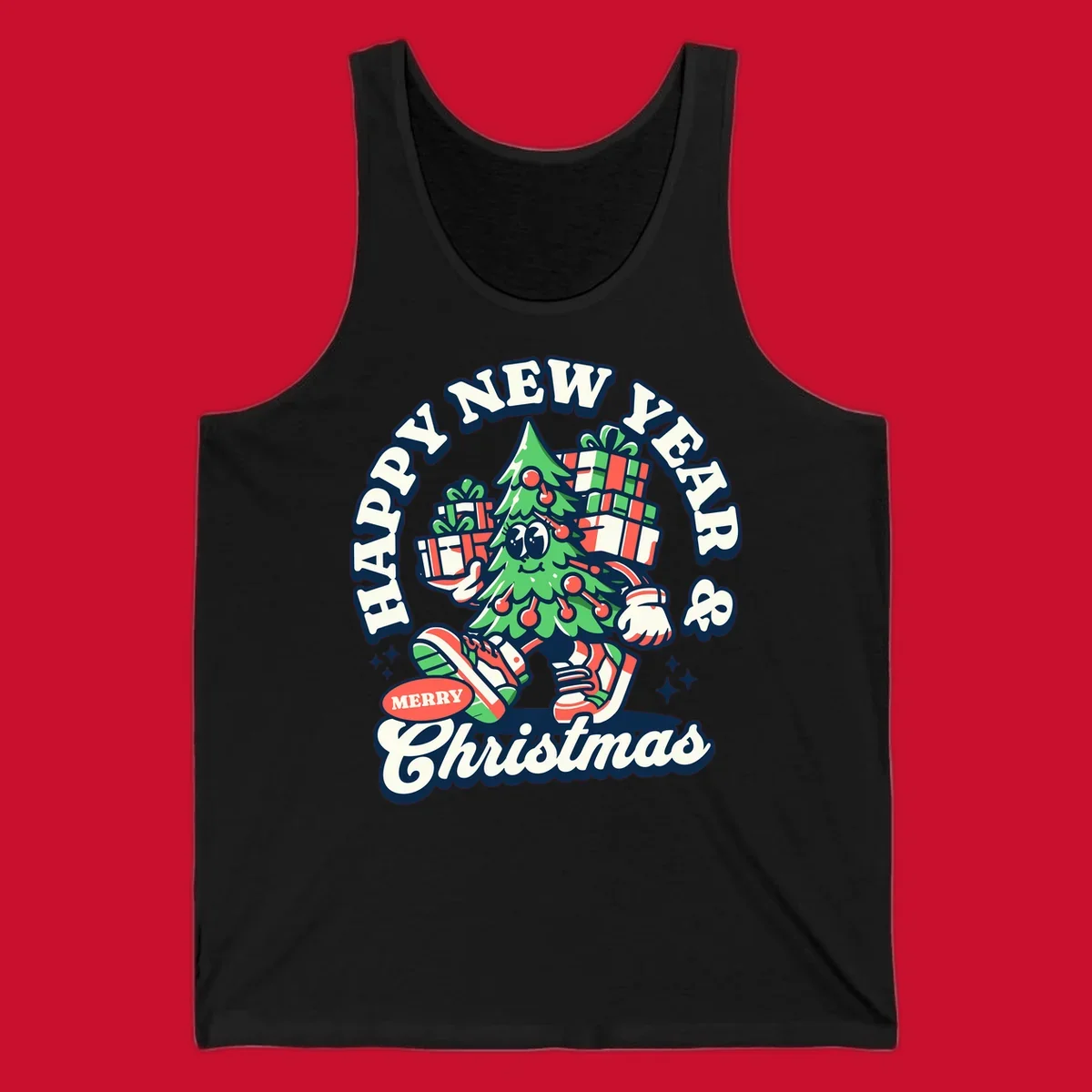 Christmas tree character with gifts and text saying Happy New Year & Merry Christmas.