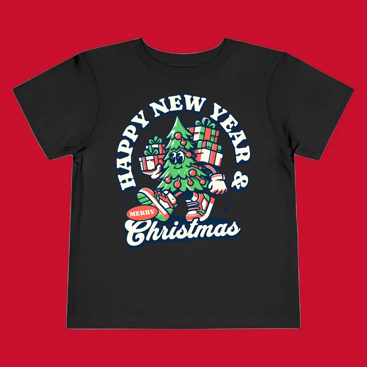 Christmas tree character with gifts and text saying Happy New Year & Merry Christmas.