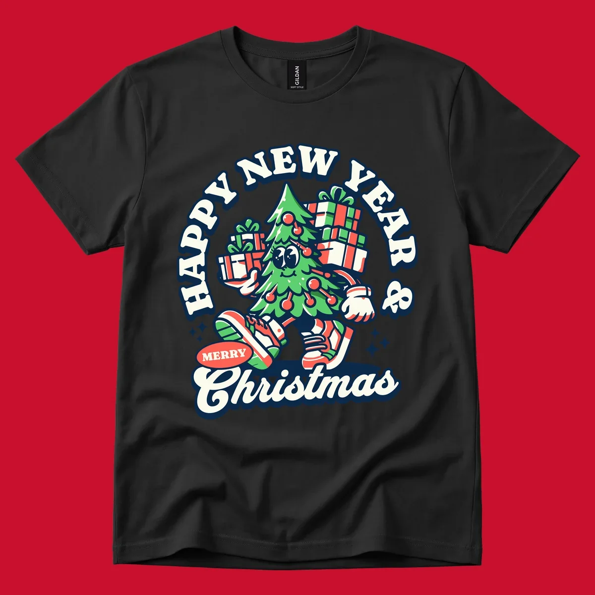Christmas tree character with gifts and text saying Happy New Year & Merry Christmas.