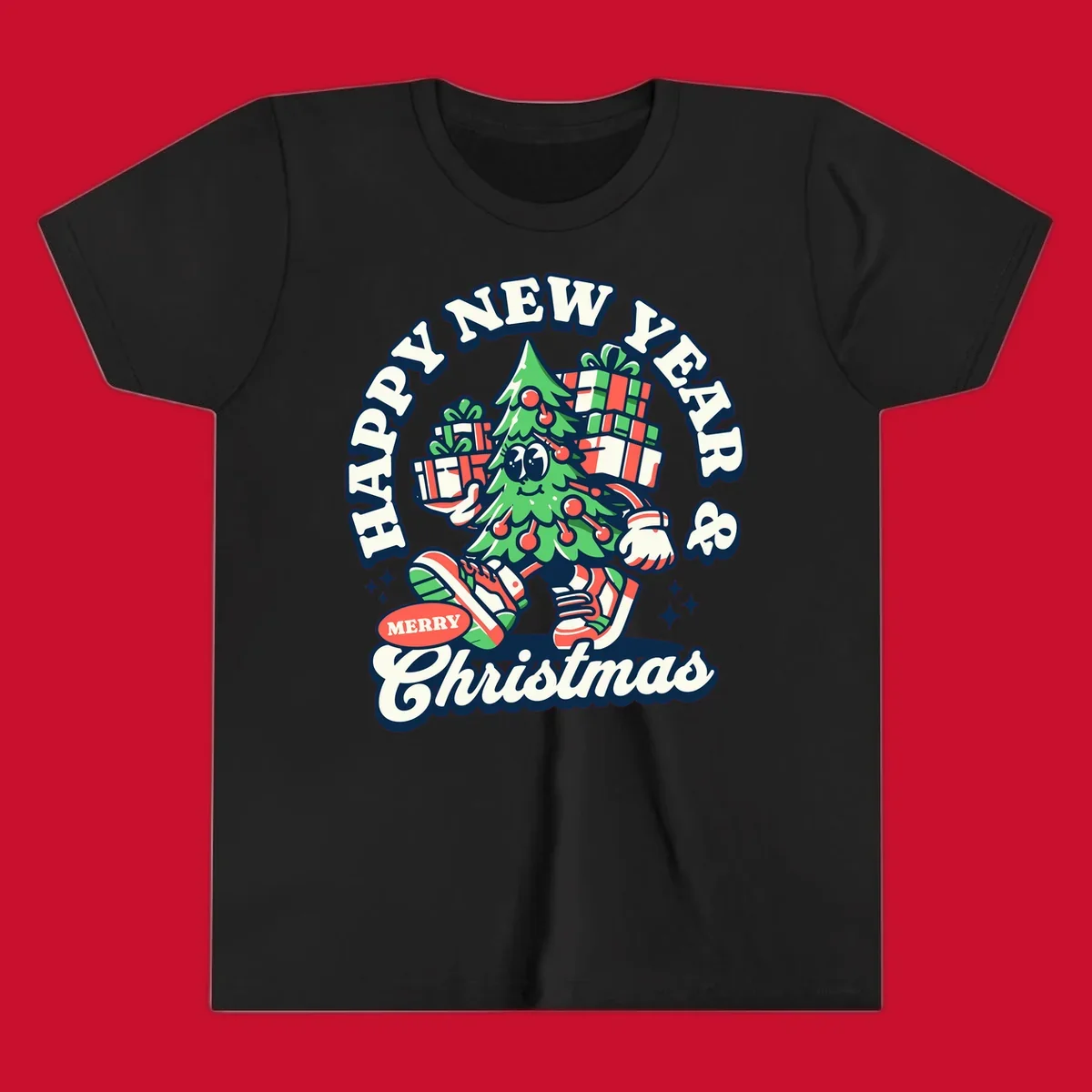 Christmas tree character with gifts and text saying Happy New Year & Merry Christmas.