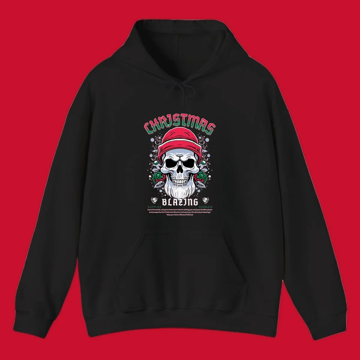 Skull wearing a Santa hat with roses and the text CHRISTMAS BLAZING, for a loud Christmas design.