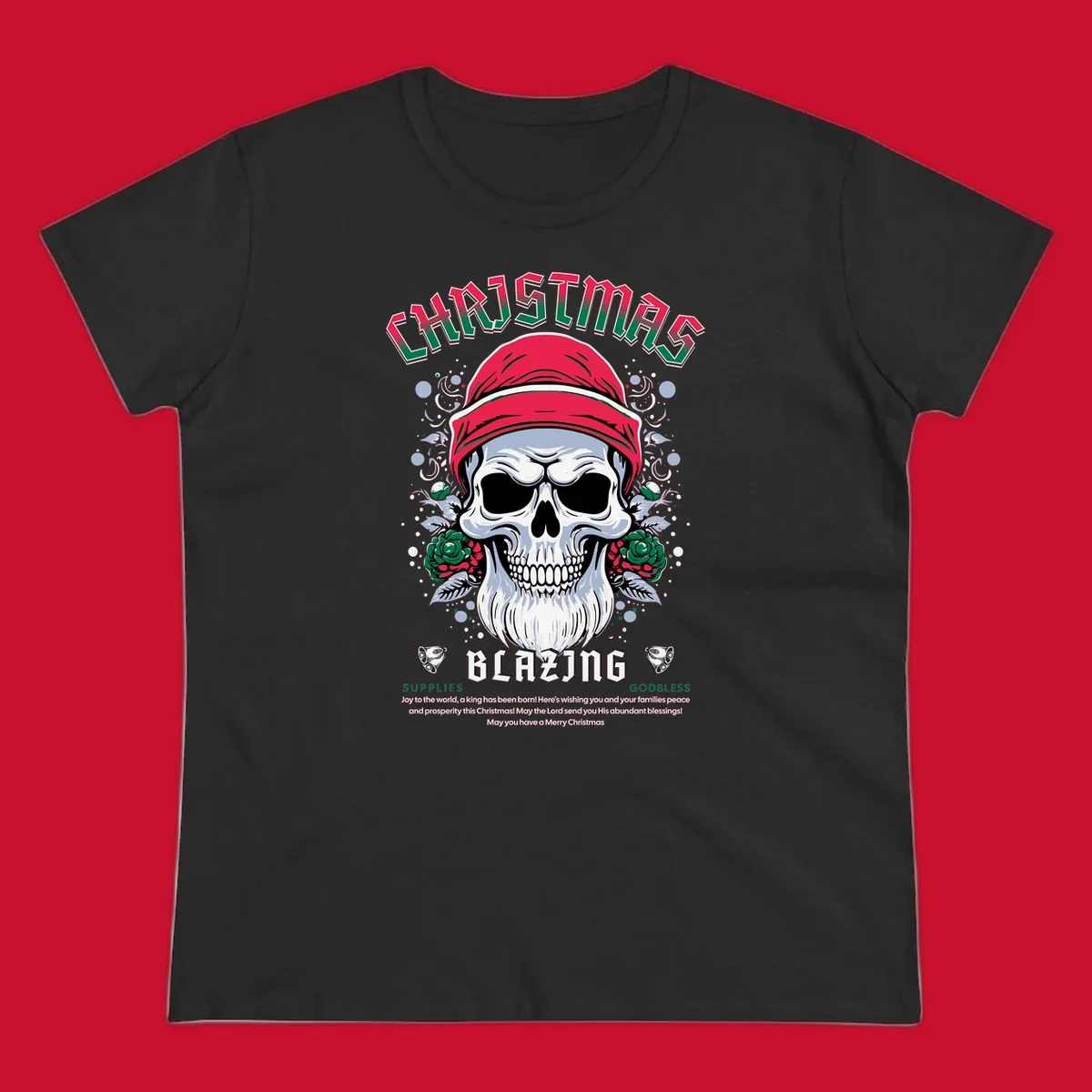 Skull wearing a Santa hat with roses and the text CHRISTMAS BLAZING, for a loud Christmas design.