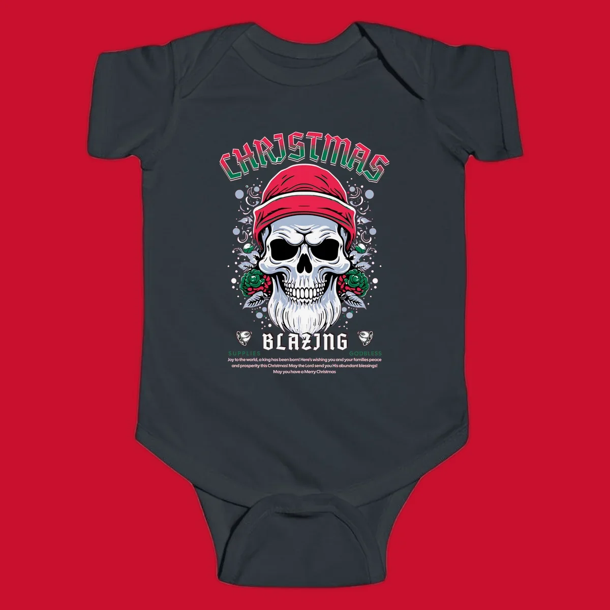 Skull wearing a Santa hat with roses and the text CHRISTMAS BLAZING, for a loud Christmas design.
