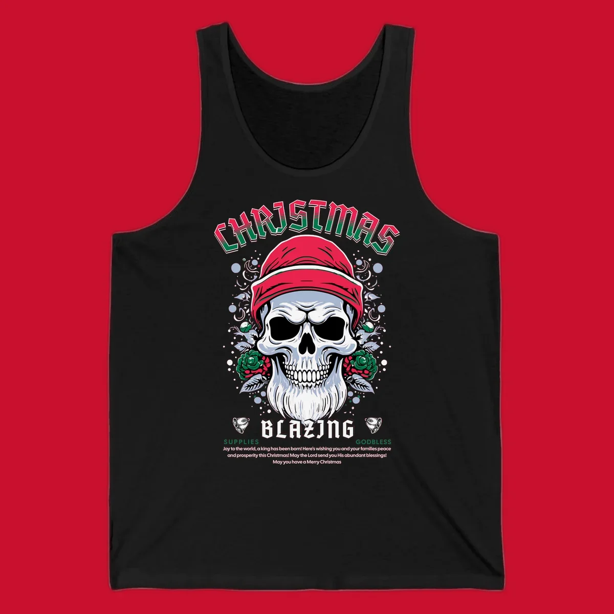 Skull wearing a Santa hat with roses and the text CHRISTMAS BLAZING, for a loud Christmas design.
