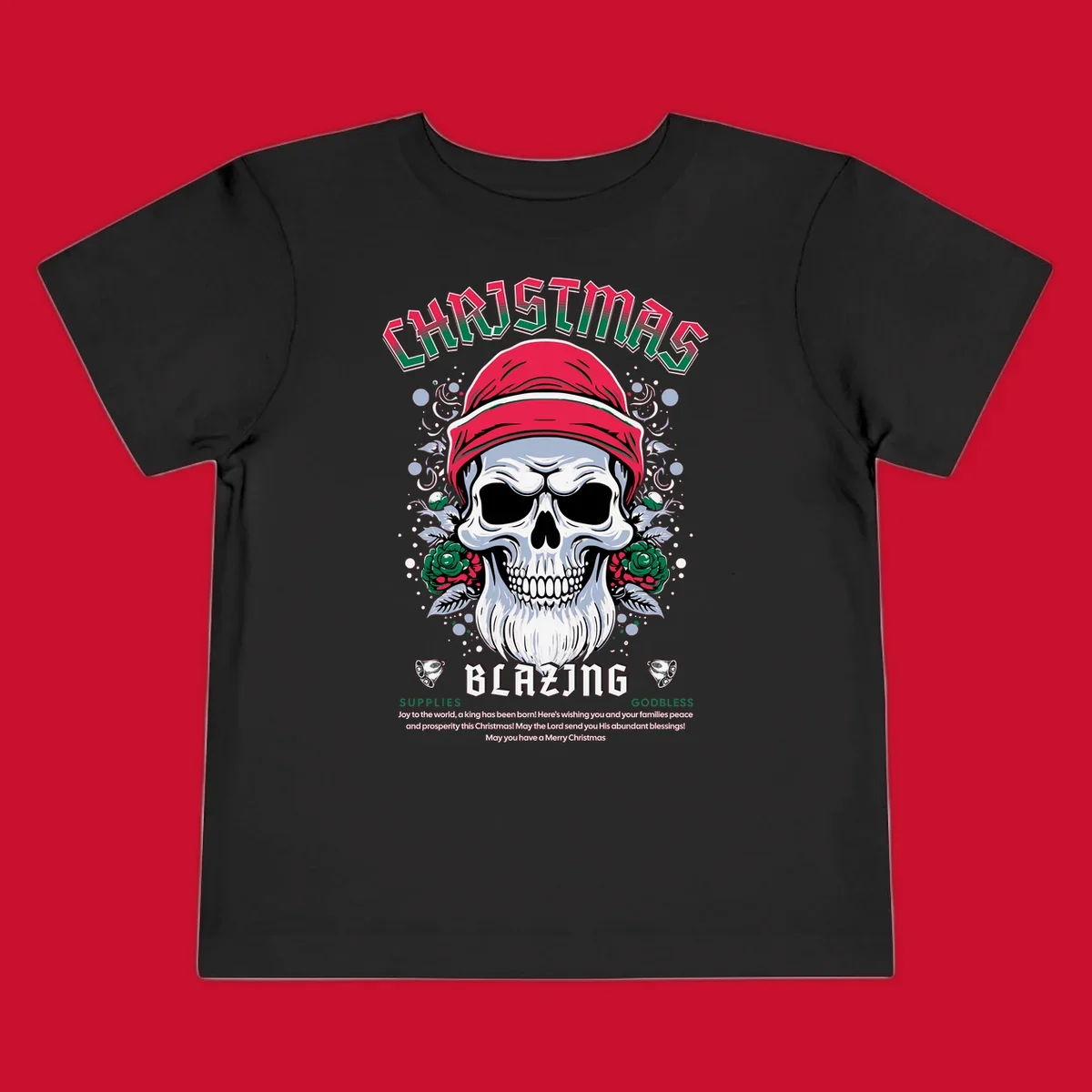 Skull wearing a Santa hat with roses and the text CHRISTMAS BLAZING, for a loud Christmas design.