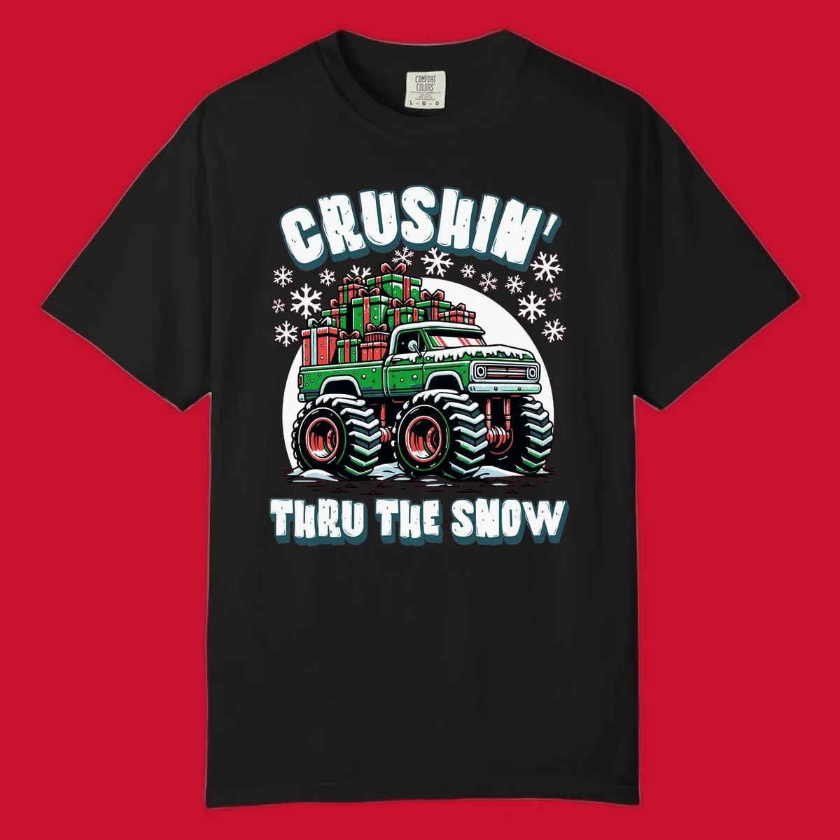 Christmas monster truck crushin thru the snow with gift boxes and snowflakes