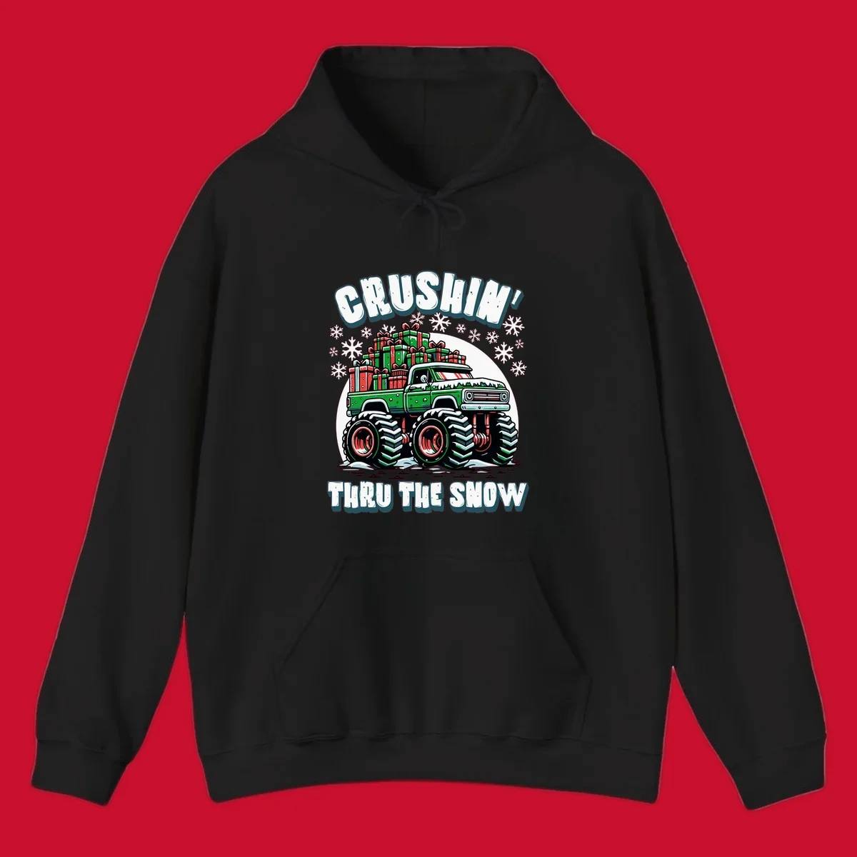 Christmas monster truck crushin thru the snow with gift boxes and snowflakes
