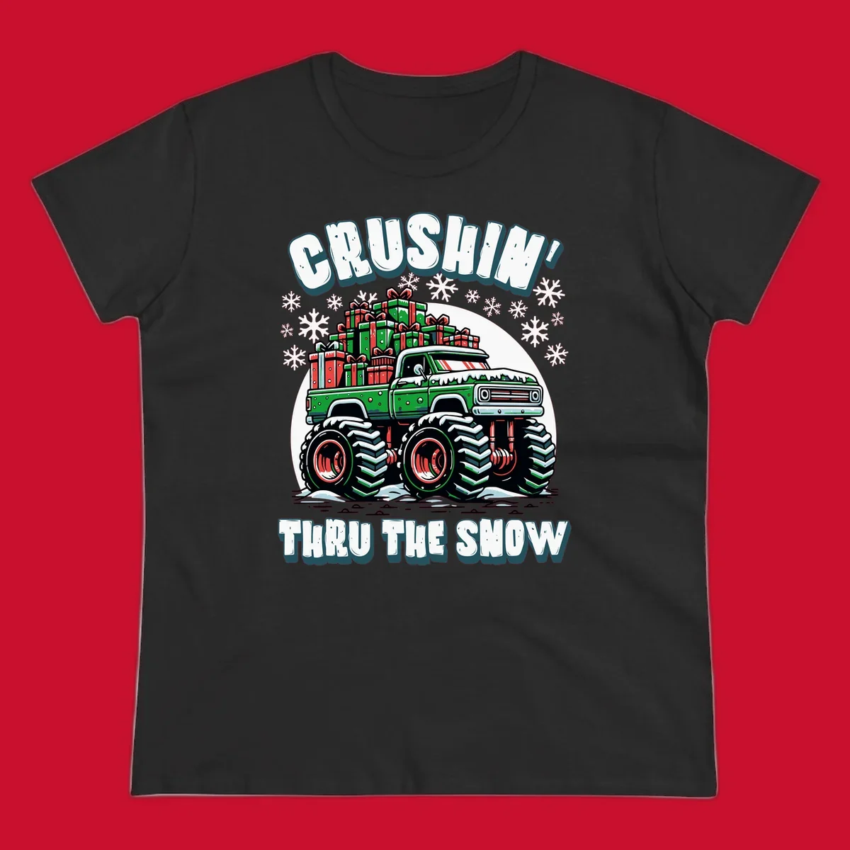 Christmas monster truck crushin thru the snow with gift boxes and snowflakes