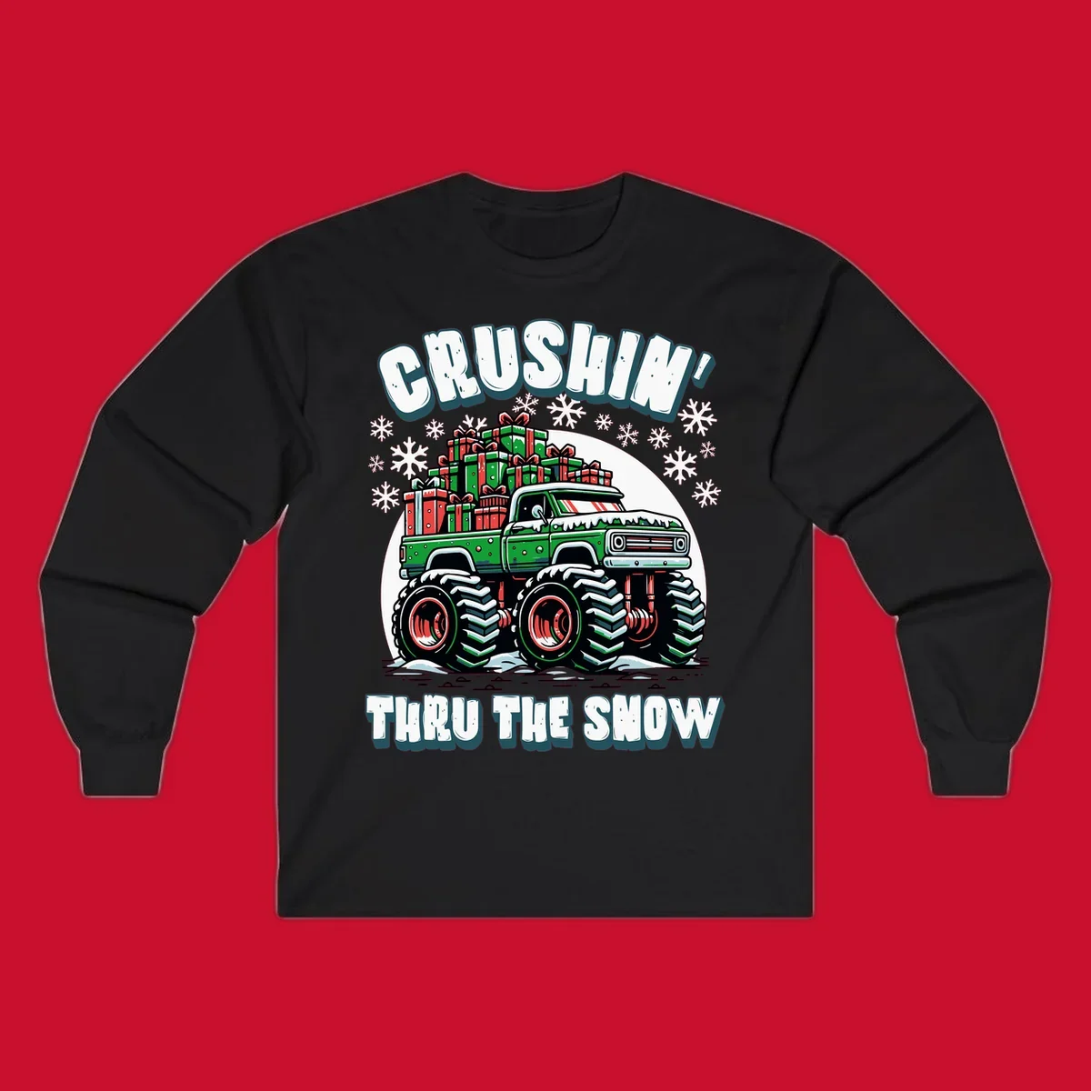 Christmas monster truck crushin thru the snow with gift boxes and snowflakes