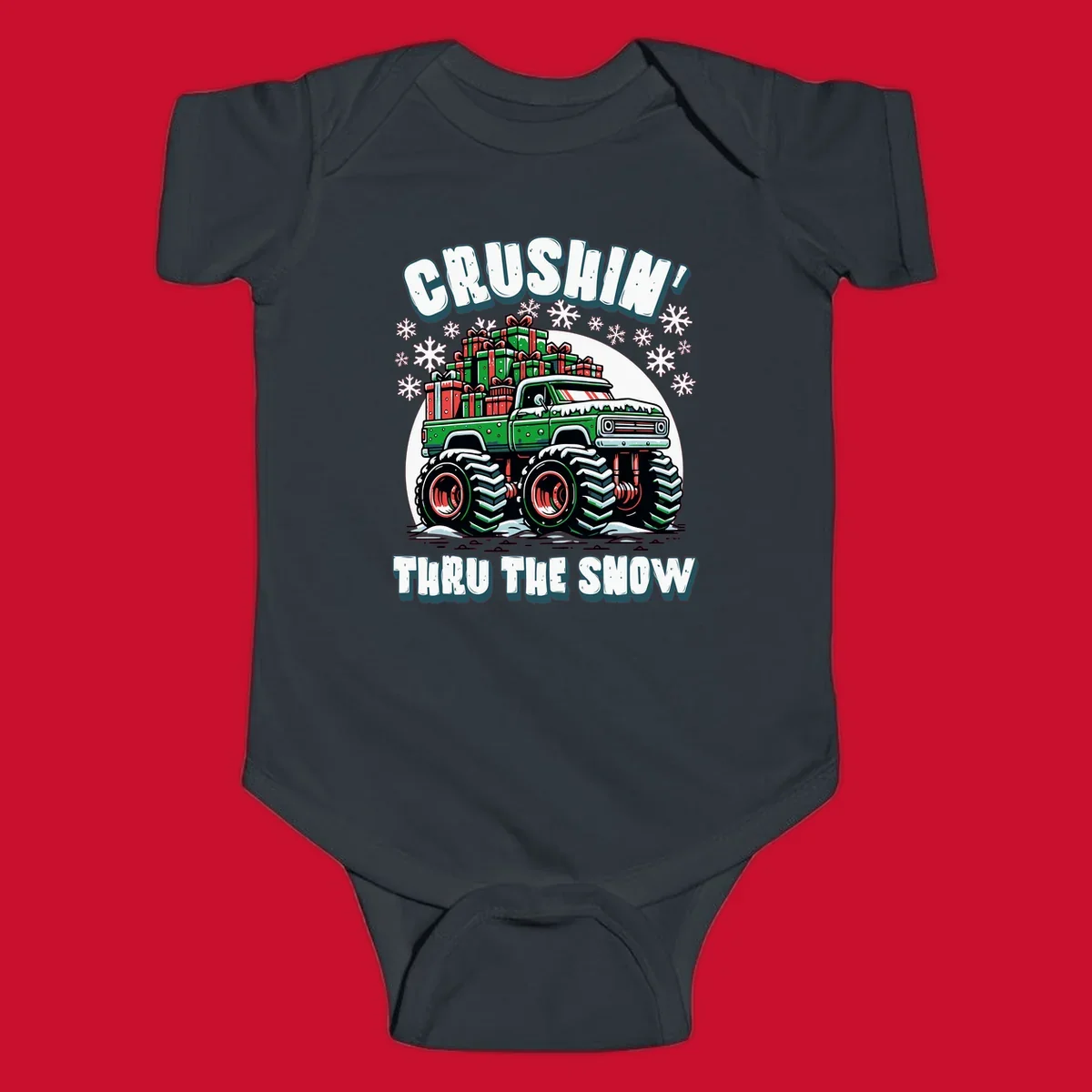 Christmas monster truck crushin thru the snow with gift boxes and snowflakes