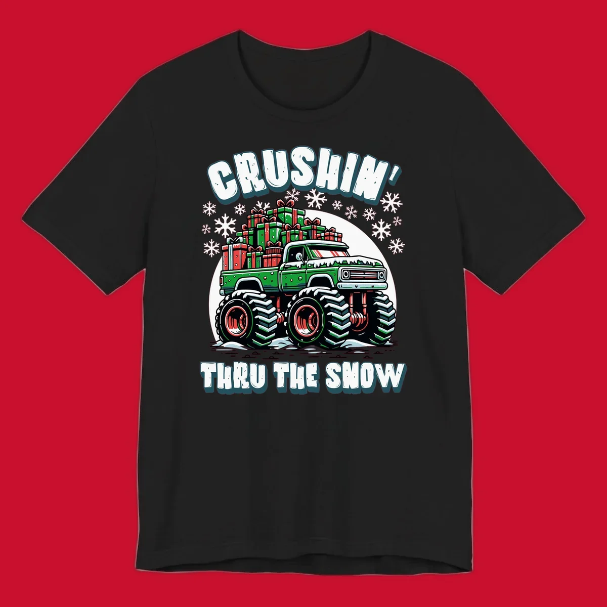 Christmas monster truck crushin thru the snow with gift boxes and snowflakes