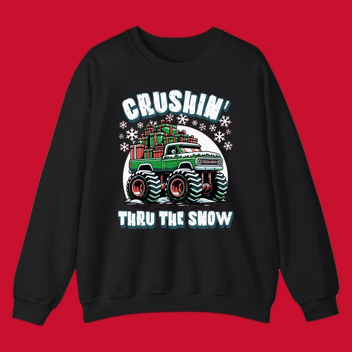 Christmas monster truck crushin thru the snow with gift boxes and snowflakes