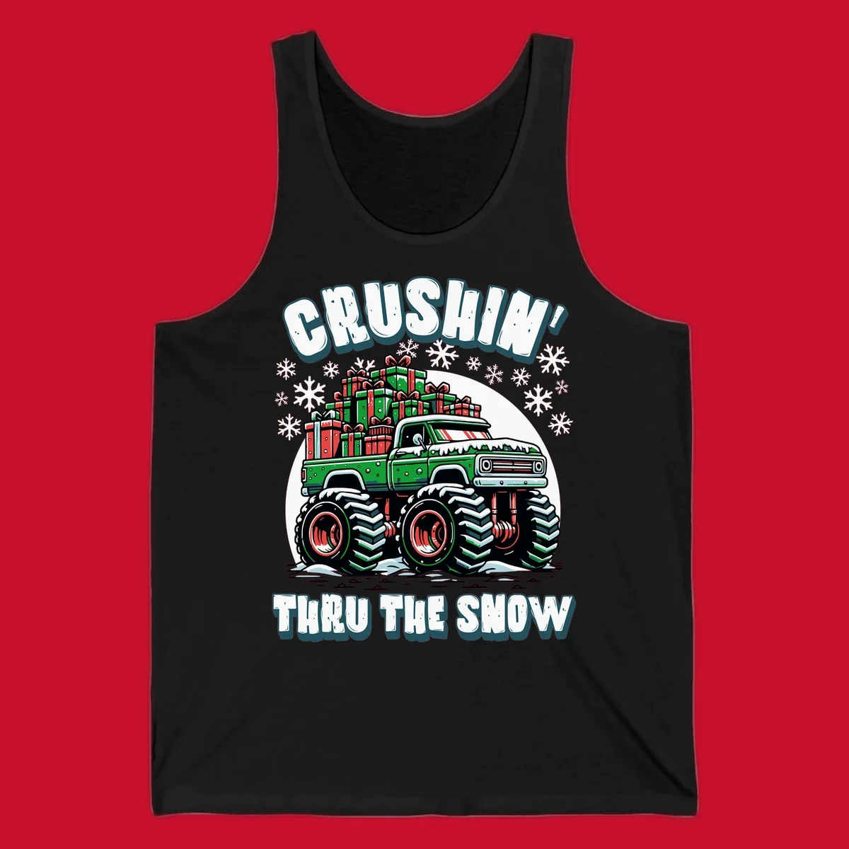 Christmas monster truck crushin thru the snow with gift boxes and snowflakes