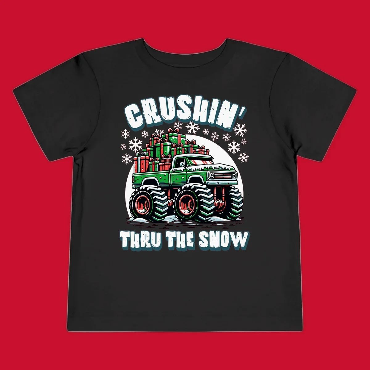 Christmas monster truck crushin thru the snow with gift boxes and snowflakes