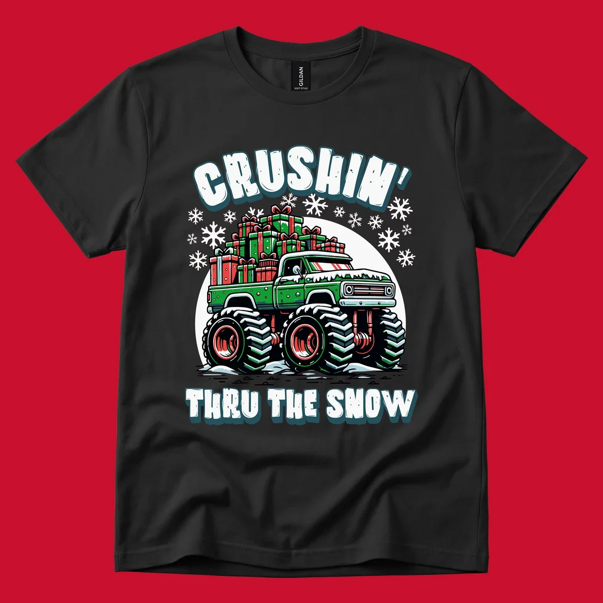 Christmas monster truck crushin thru the snow with gift boxes and snowflakes