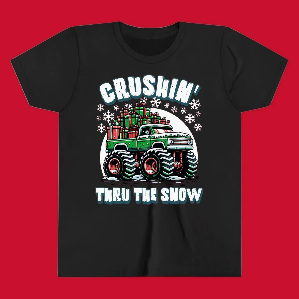 Christmas monster truck crushin thru the snow with gift boxes and snowflakes