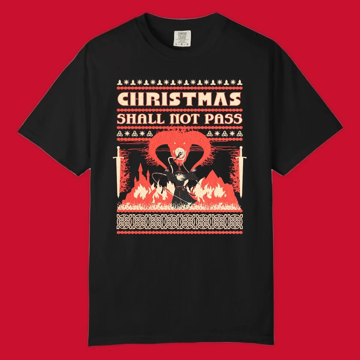 Wizard battling a dragon with 'Christmas Shall Not Pass' text, a dark fantasy-themed Christmas graphic.