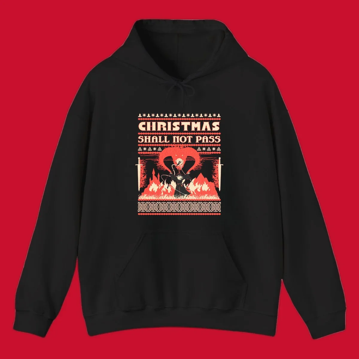 Wizard battling a dragon with 'Christmas Shall Not Pass' text, a dark fantasy-themed Christmas graphic.