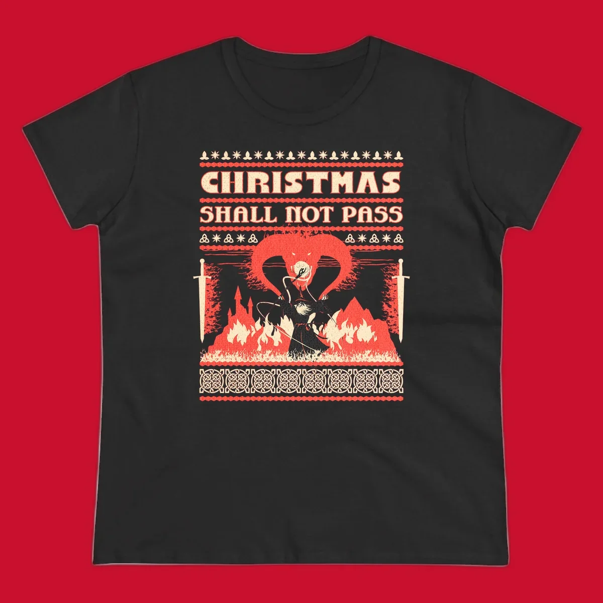 Wizard battling a dragon with 'Christmas Shall Not Pass' text, a dark fantasy-themed Christmas graphic.