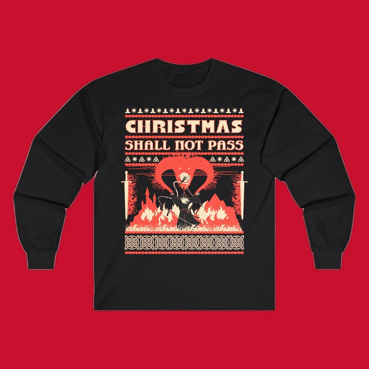 Wizard battling a dragon with 'Christmas Shall Not Pass' text, a dark fantasy-themed Christmas graphic.