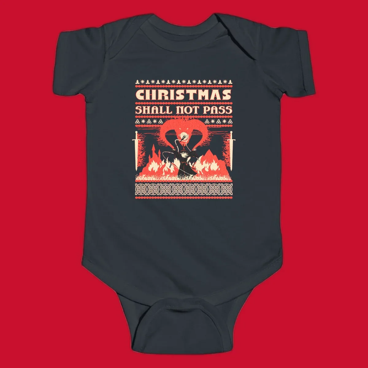 Wizard battling a dragon with 'Christmas Shall Not Pass' text, a dark fantasy-themed Christmas graphic.