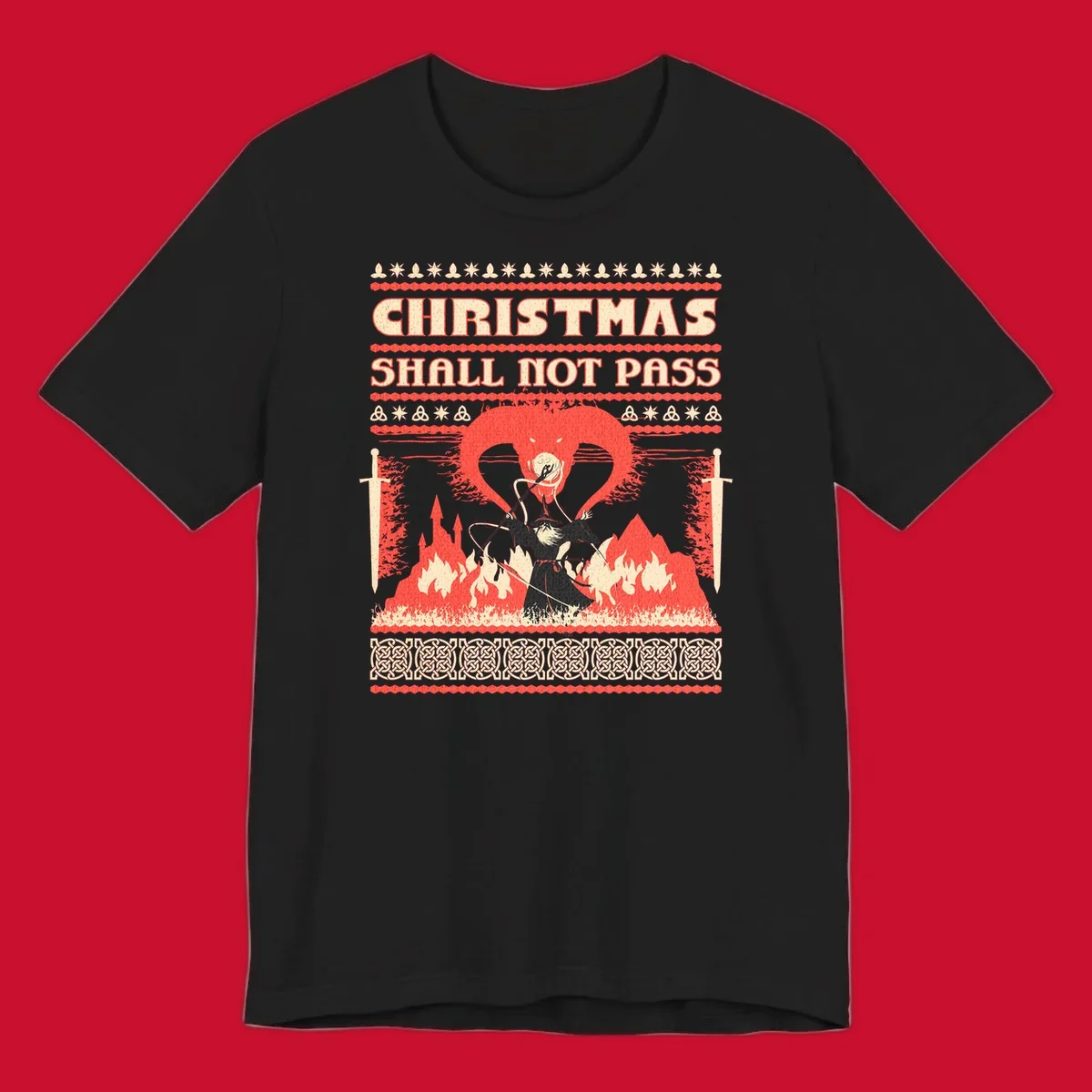 Wizard battling a dragon with 'Christmas Shall Not Pass' text, a dark fantasy-themed Christmas graphic.
