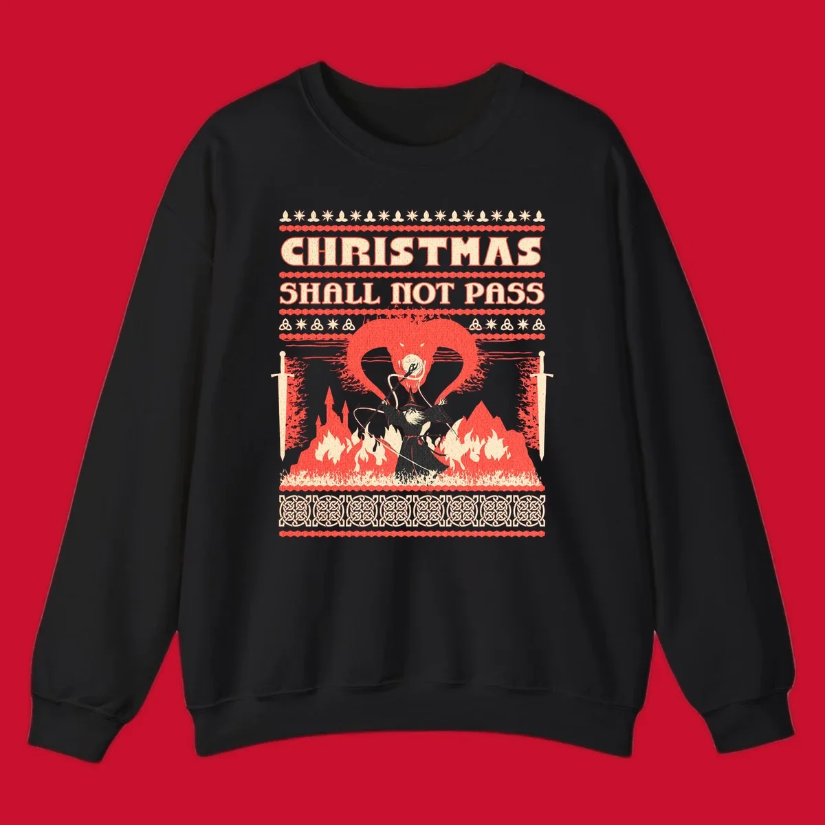 Wizard battling a dragon with 'Christmas Shall Not Pass' text, a dark fantasy-themed Christmas graphic.