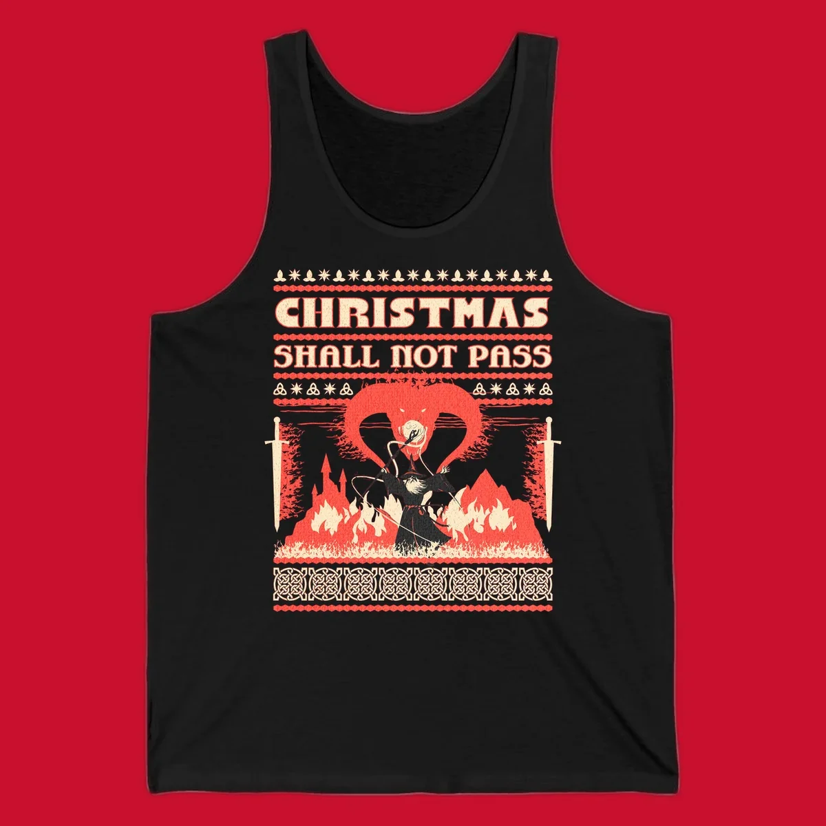 Wizard battling a dragon with 'Christmas Shall Not Pass' text, a dark fantasy-themed Christmas graphic.
