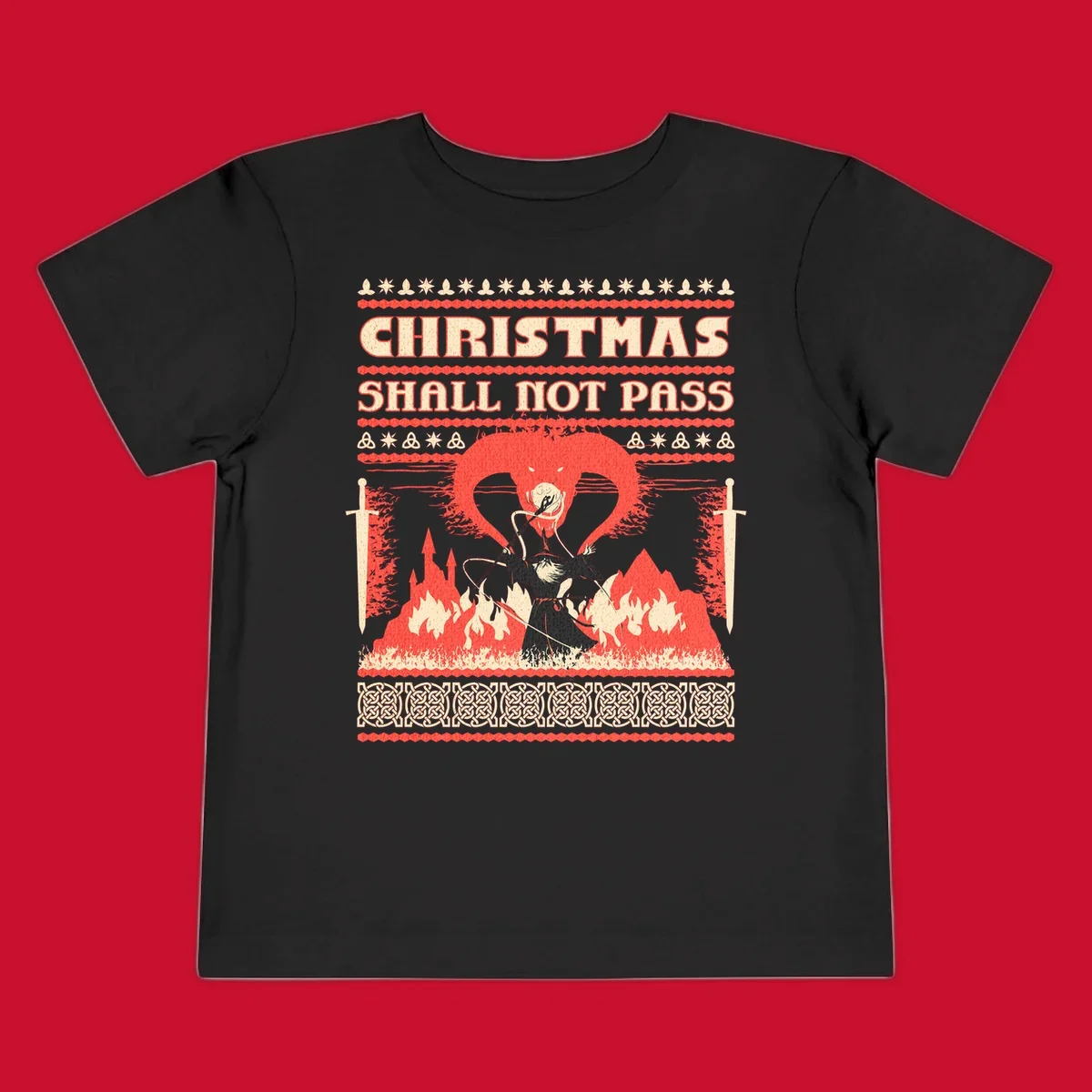 Wizard battling a dragon with 'Christmas Shall Not Pass' text, a dark fantasy-themed Christmas graphic.