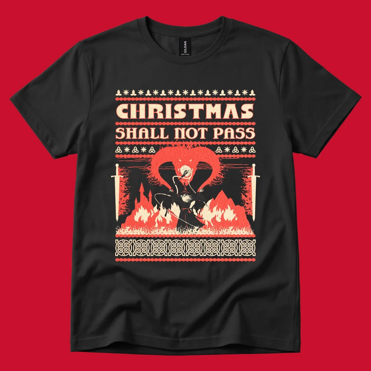 Wizard battling a dragon with 'Christmas Shall Not Pass' text, a dark fantasy-themed Christmas graphic.