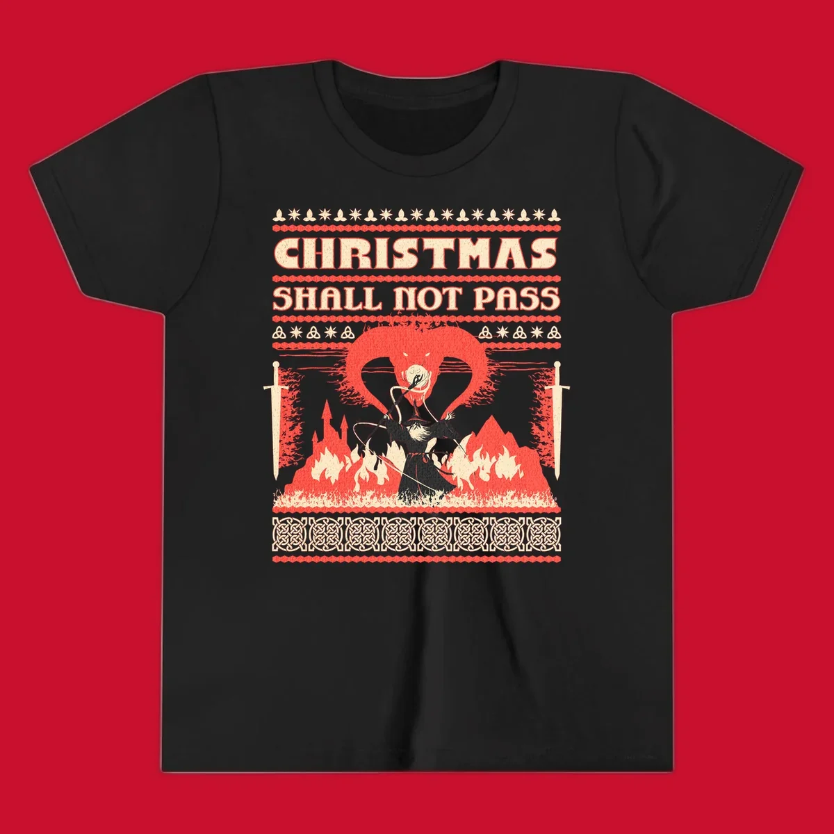 Wizard battling a dragon with 'Christmas Shall Not Pass' text, a dark fantasy-themed Christmas graphic.