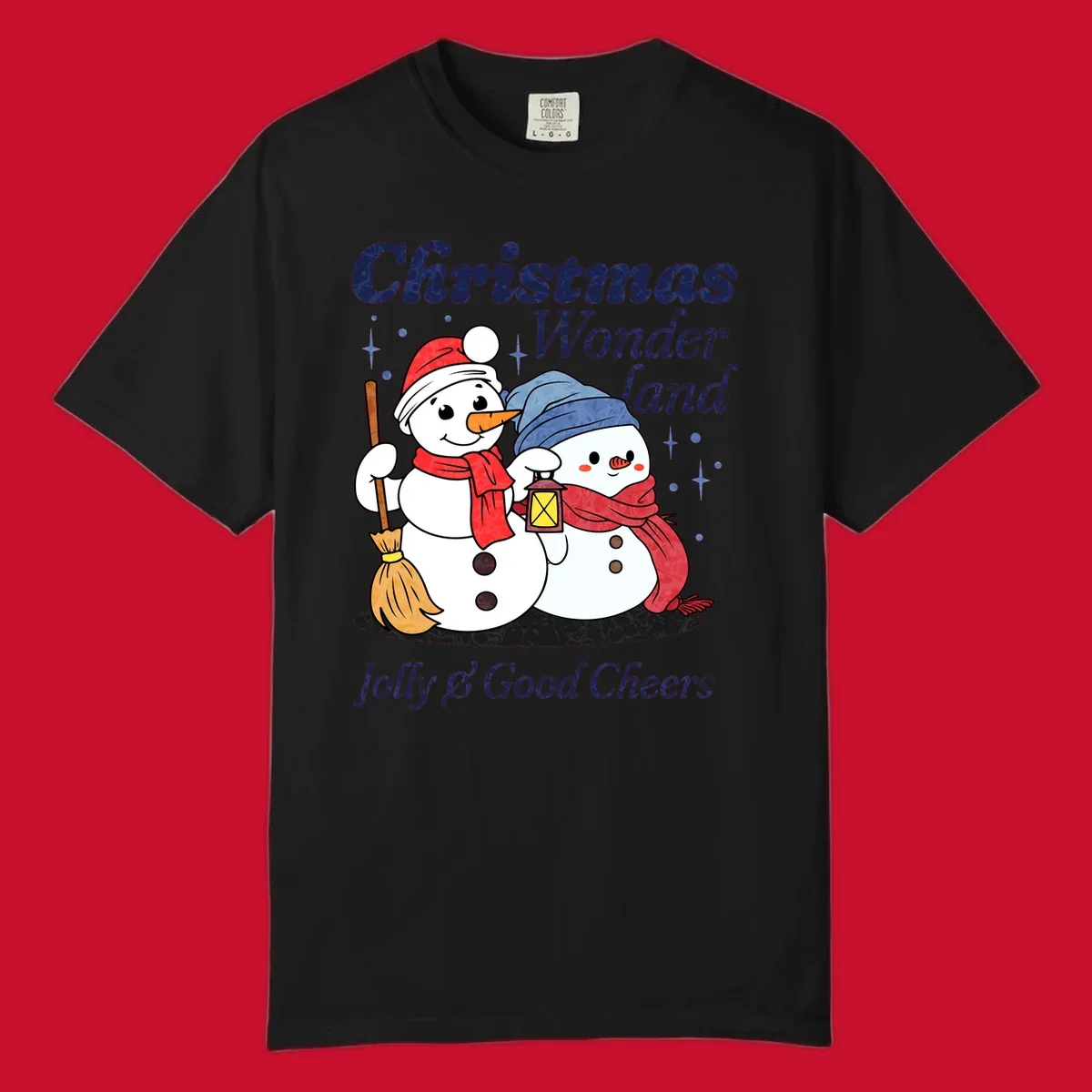 Christmas Wonderland snowmen with lantern and broom, Jolly & Good Cheers text.