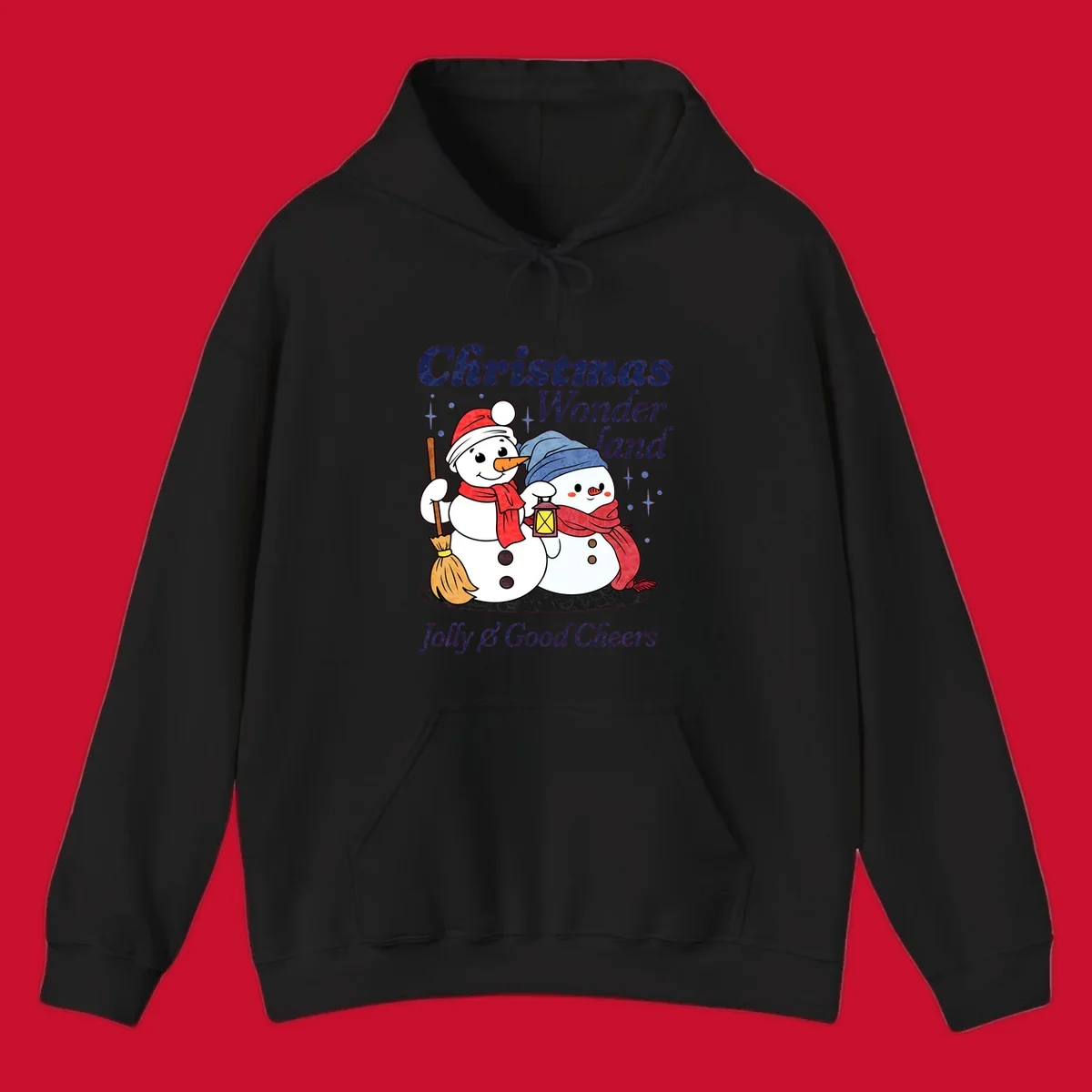 Christmas Wonderland snowmen with lantern and broom, Jolly & Good Cheers text.