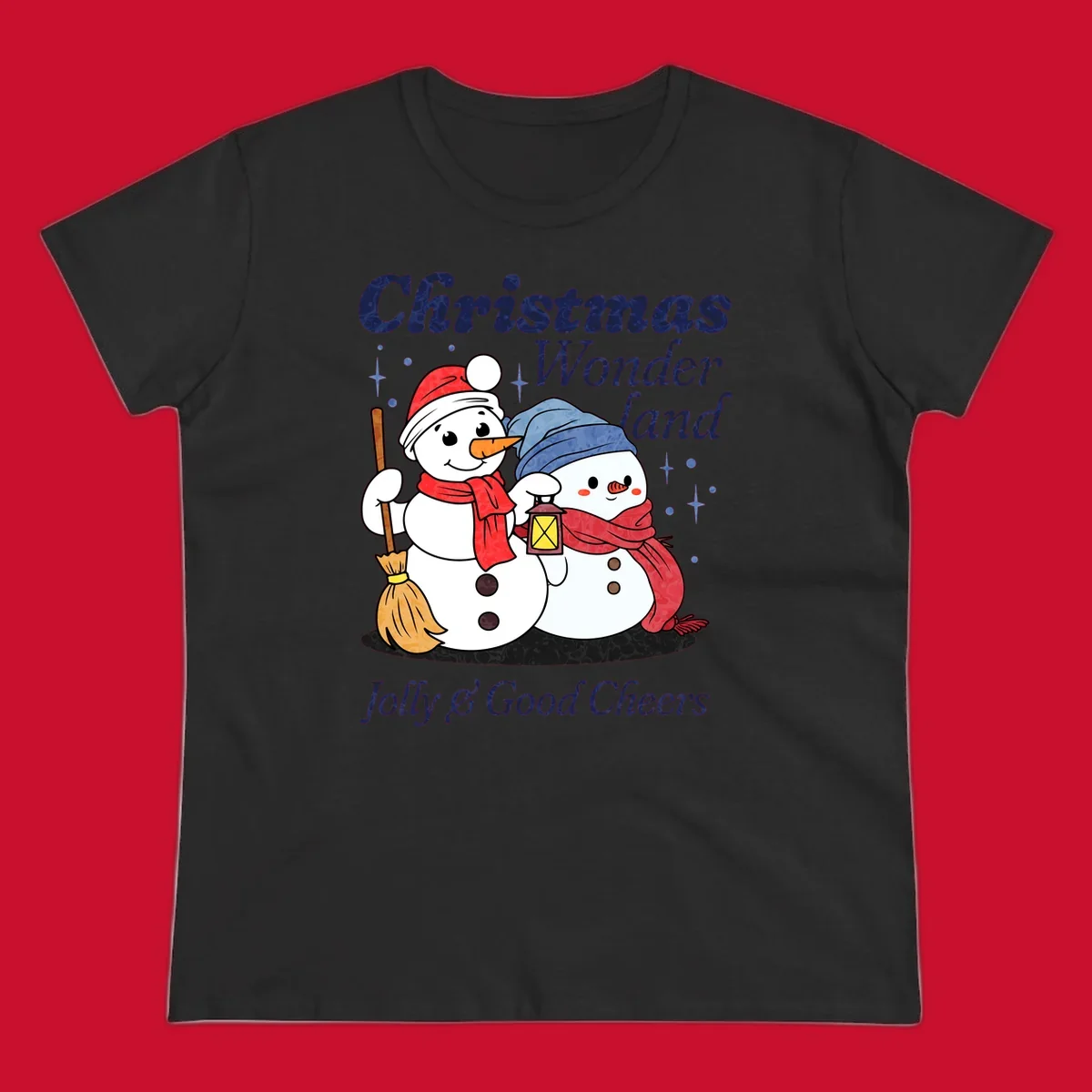 Christmas Wonderland snowmen with lantern and broom, Jolly & Good Cheers text.