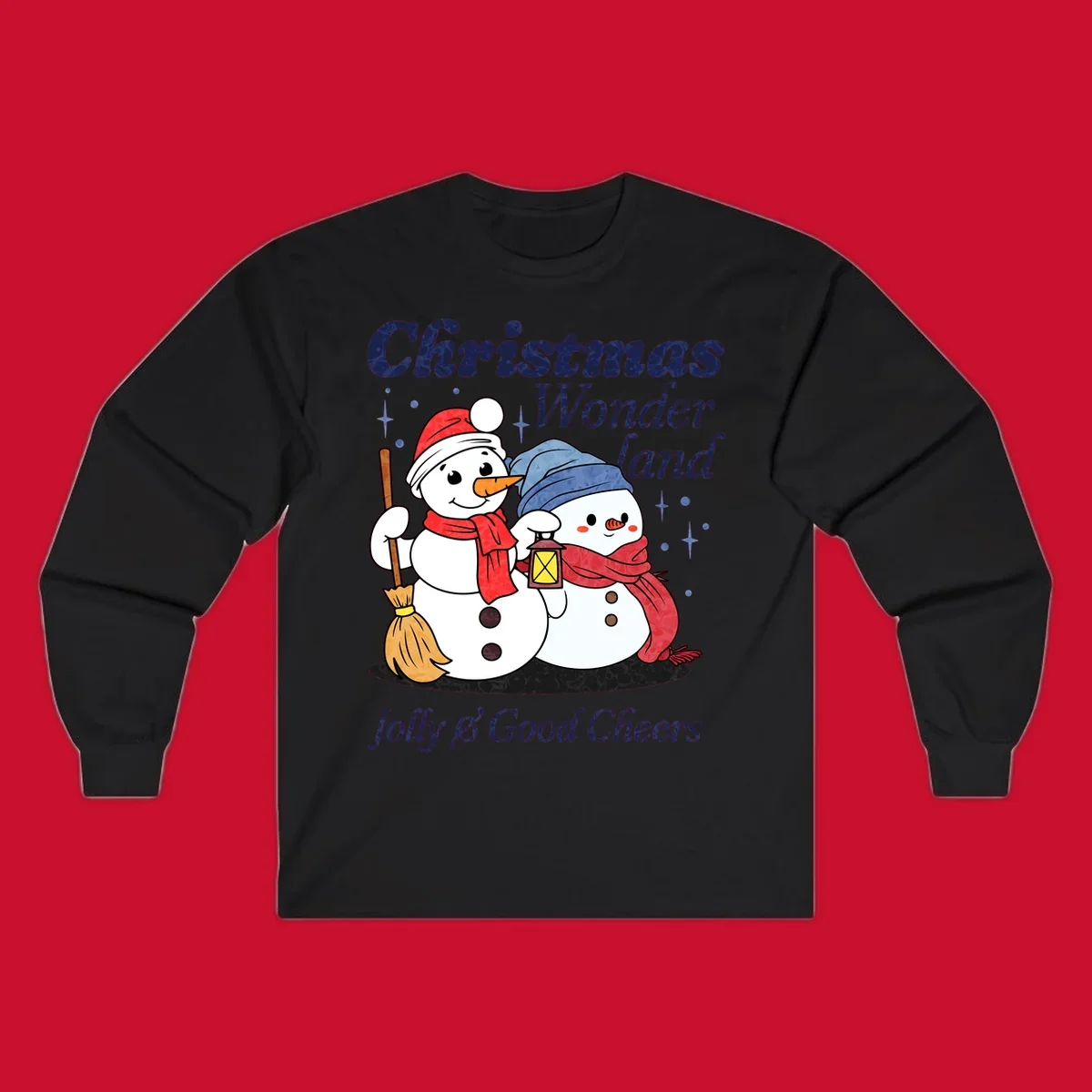 Christmas Wonderland snowmen with lantern and broom, Jolly & Good Cheers text.