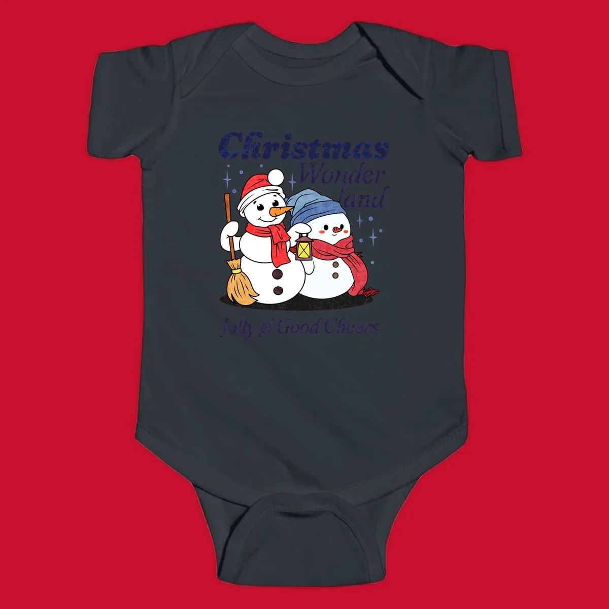 Christmas Wonderland snowmen with lantern and broom, Jolly & Good Cheers text.