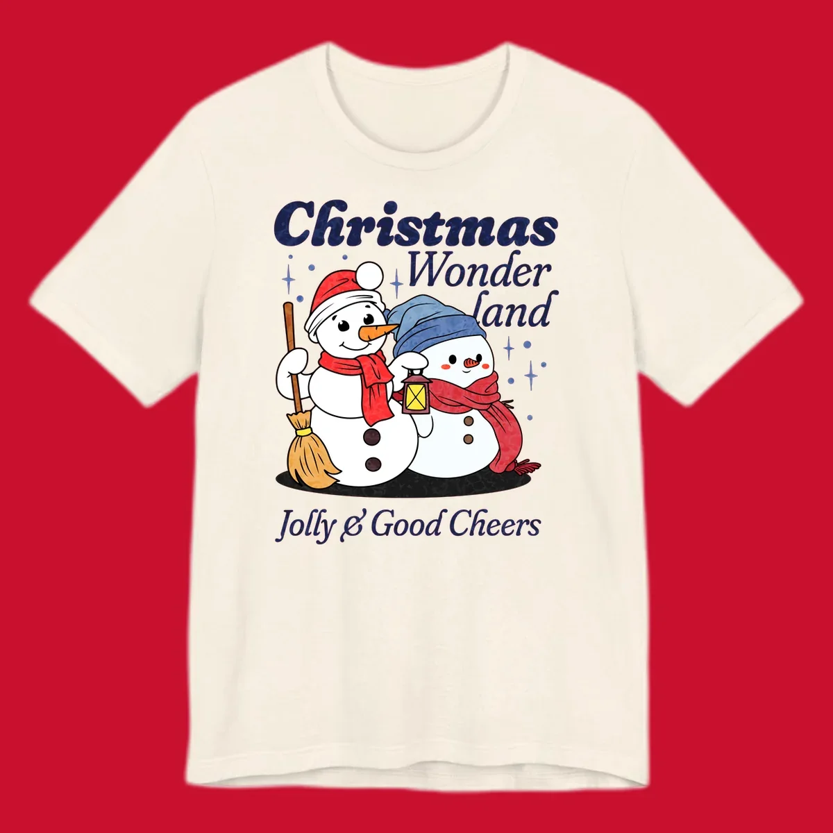 Christmas Wonderland snowmen with lantern and broom, Jolly & Good Cheers text.