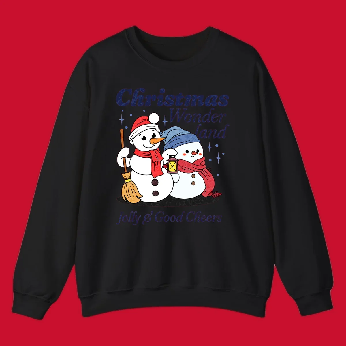 Christmas Wonderland snowmen with lantern and broom, Jolly & Good Cheers text.