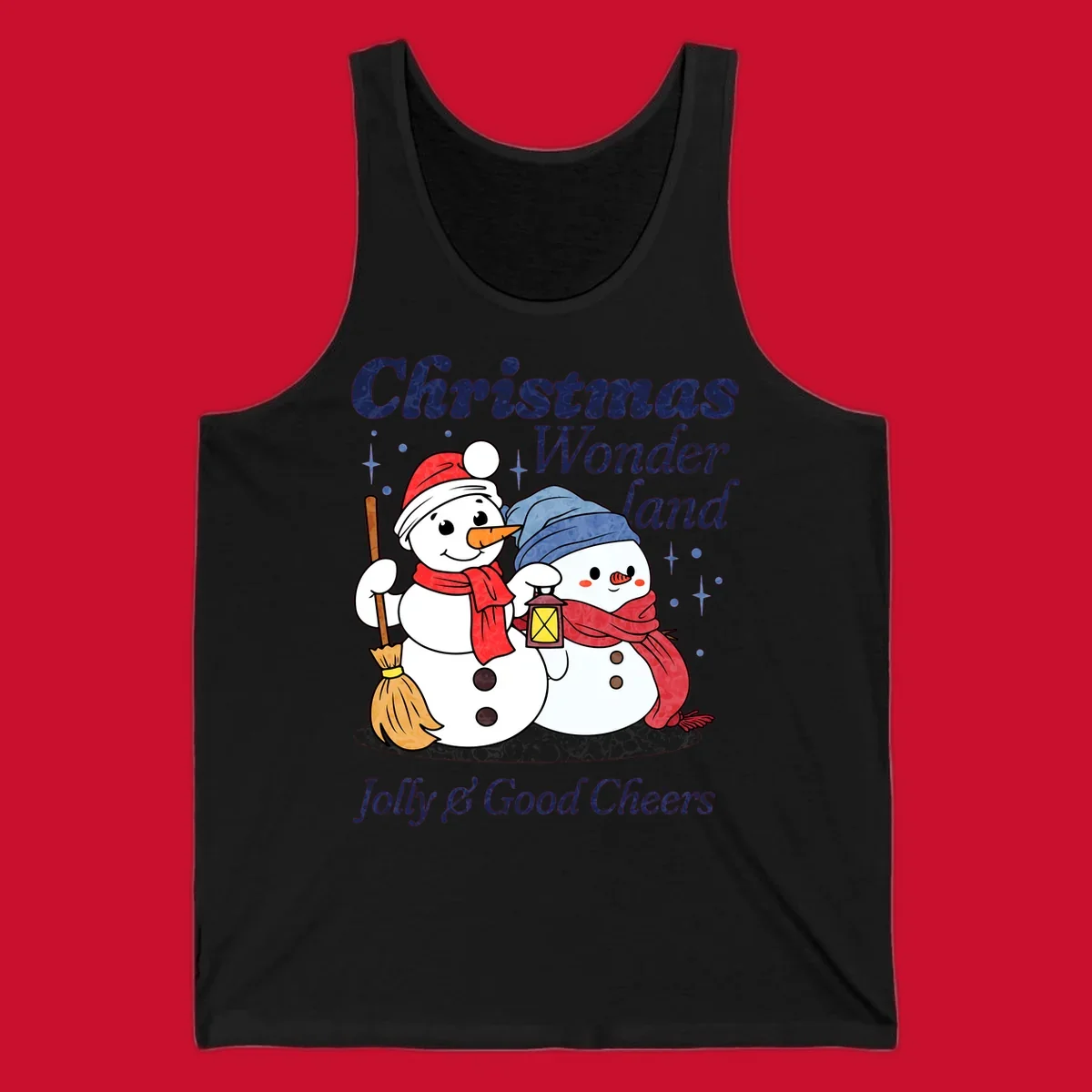 Christmas Wonderland snowmen with lantern and broom, Jolly & Good Cheers text.