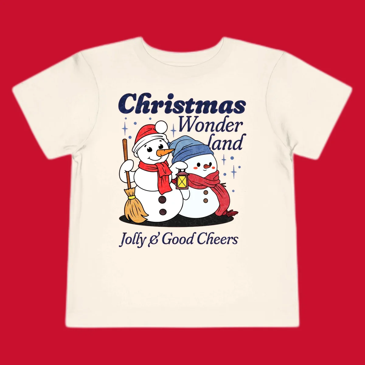 Christmas Wonderland snowmen with lantern and broom, Jolly & Good Cheers text.