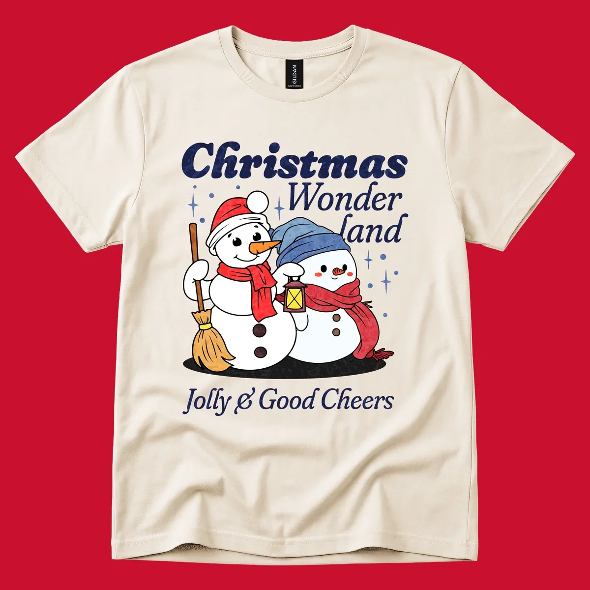 Christmas Wonderland snowmen with lantern and broom, Jolly & Good Cheers text.